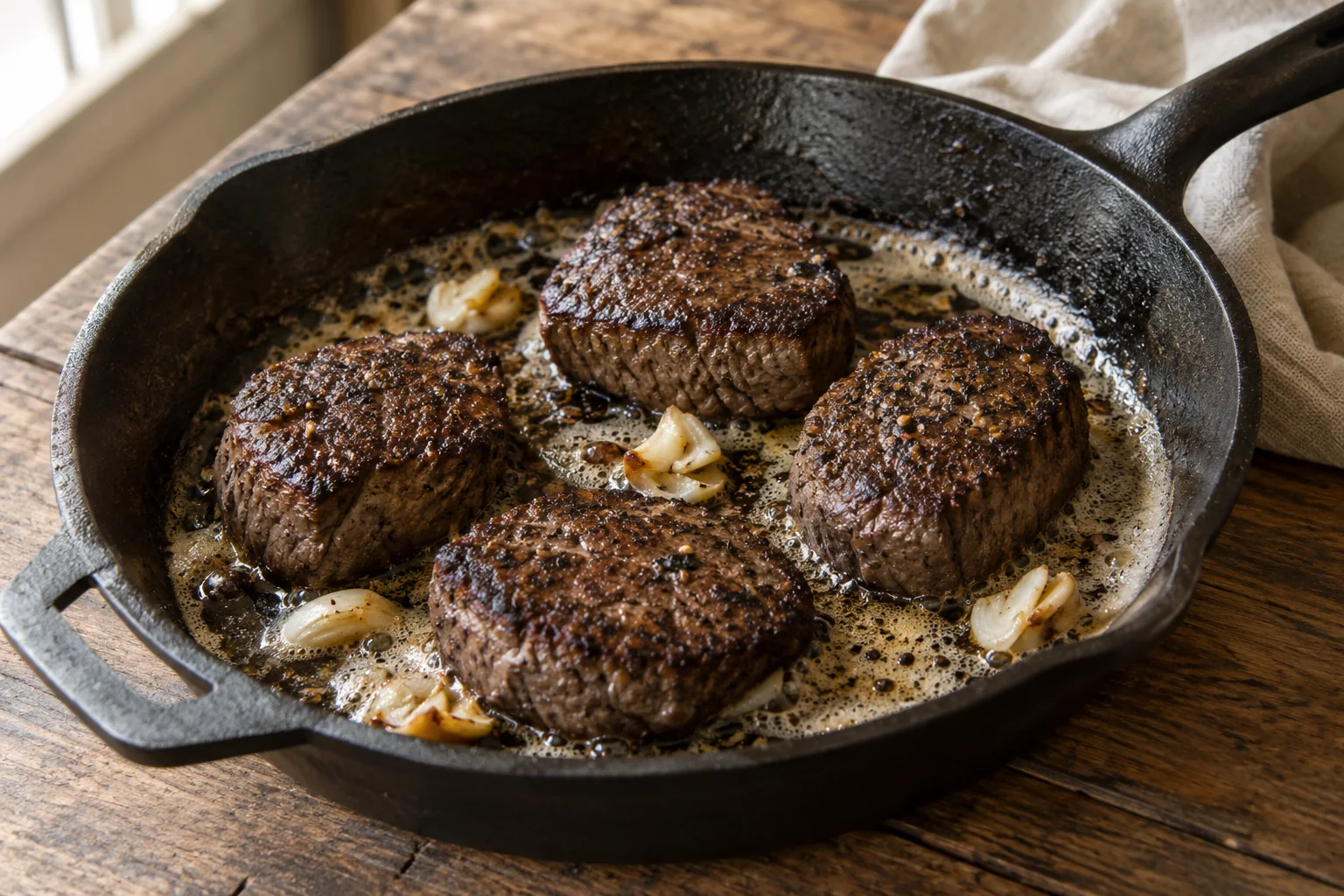 Seared venison backstrap medallions in a cast-iron skillet with garlic butter