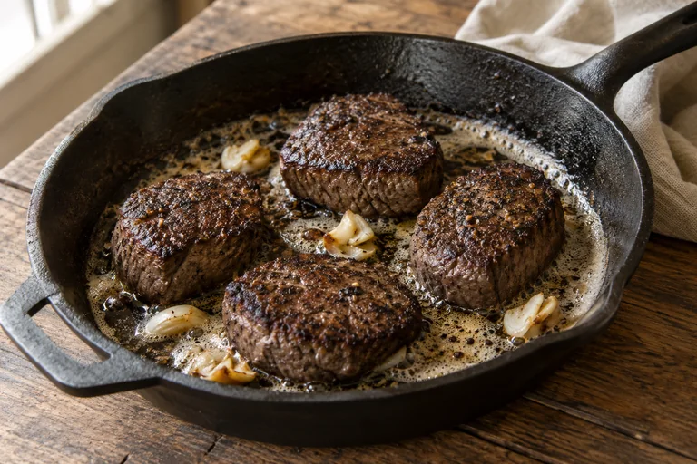 Seared venison backstrap medallions in a cast-iron skillet with garlic butter