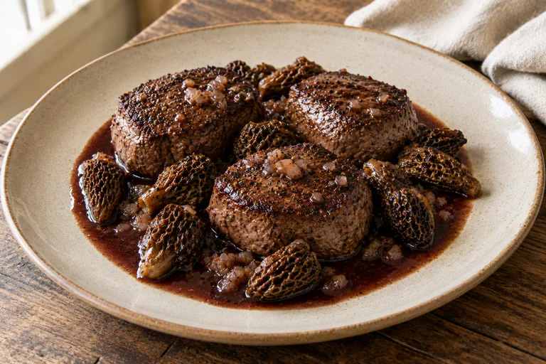 Venison medallions under a red wine sauce with morels