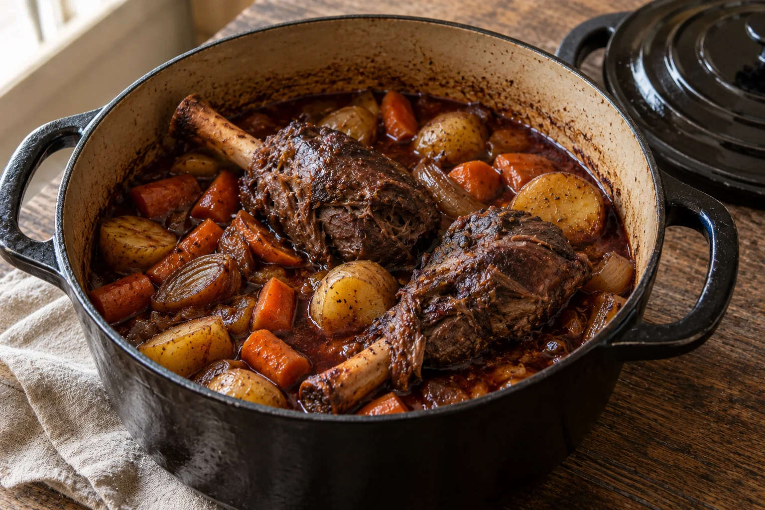 Two braised deer shanks with Yukon Gold potatoes and carrots in a Dutch oven