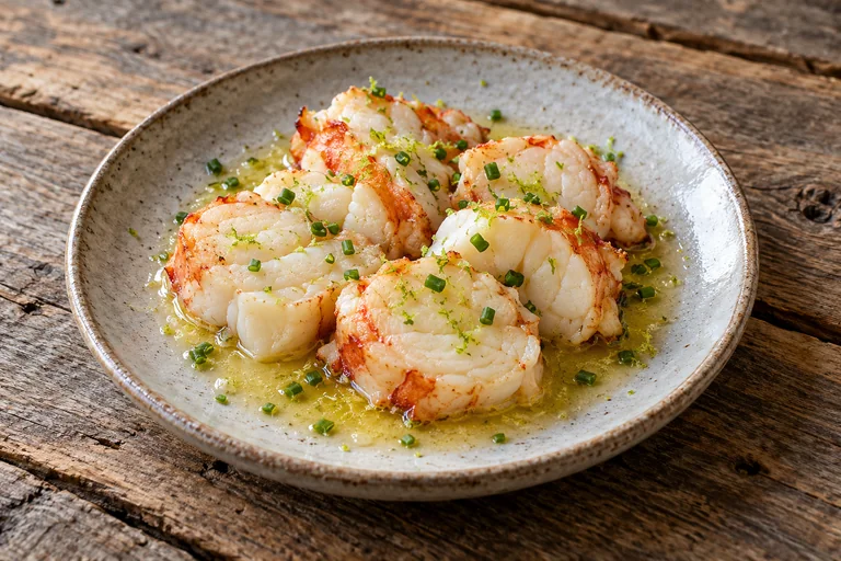 Butter-poached spiny lobster tail medallions with lime zest and chives
