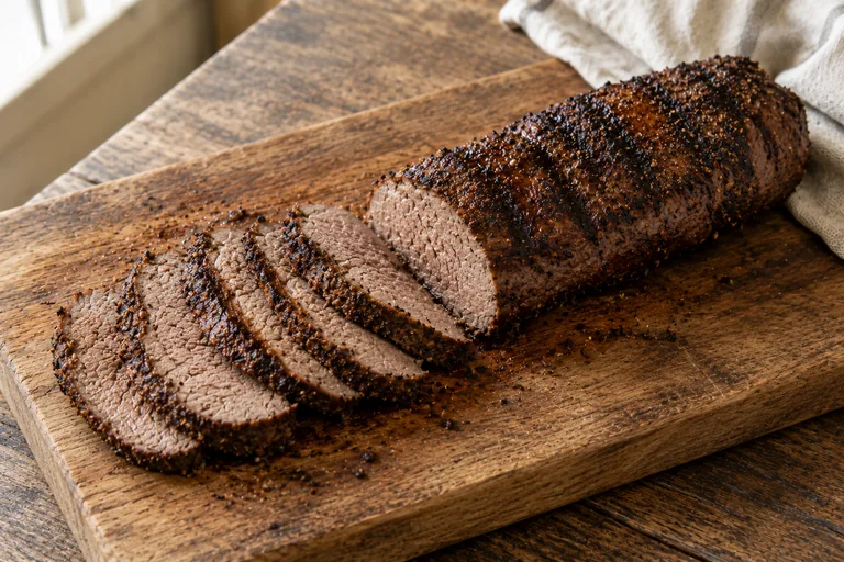Grilled coffee-rubbed venison backstrap sliced on a cutting board