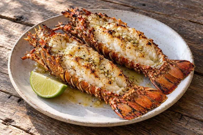 Two split, grilled spiny lobster tails with garlic butter and a lime wedge