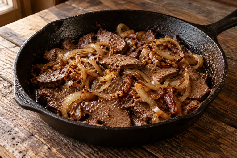 Thin slices of deer liver with caramelized onions in a cast-iron skillet