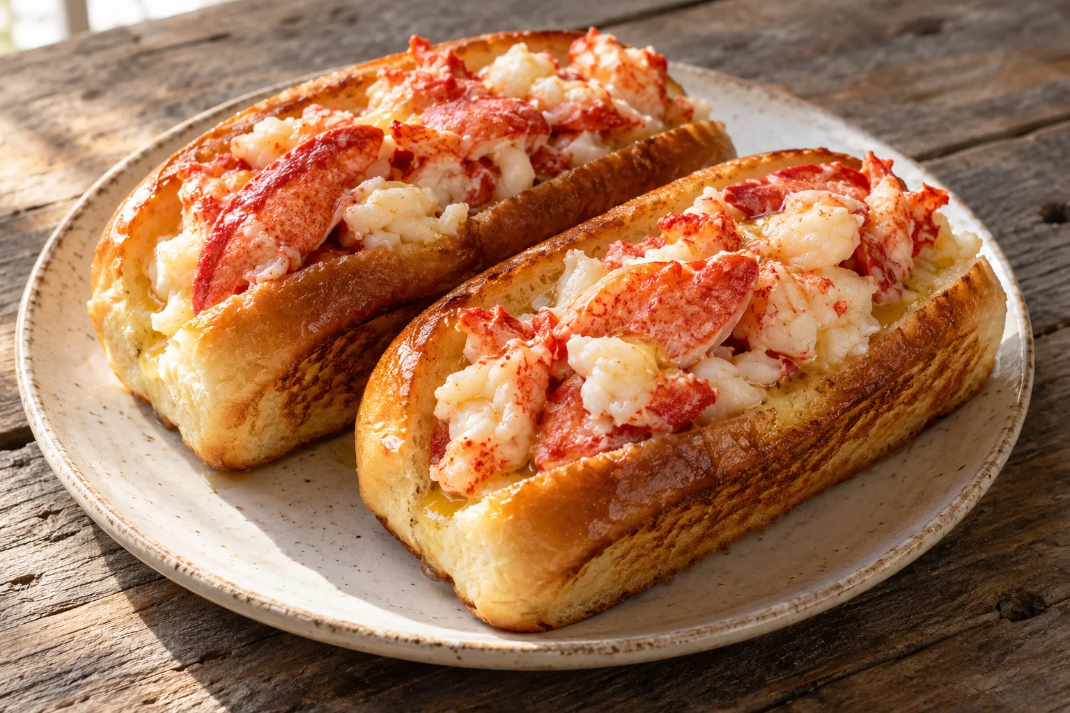 Two toasted split-top rolls filled with buttered Maine lobster, including claw meat