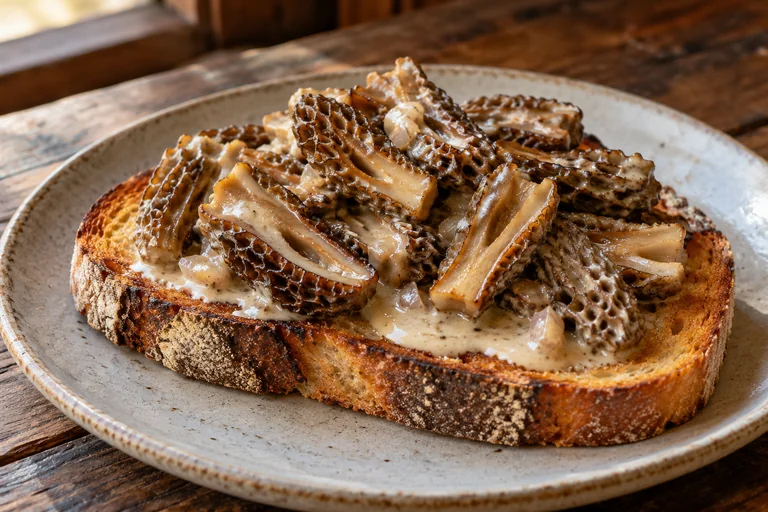 Halved morels in shallot cream on a thick slice of toast