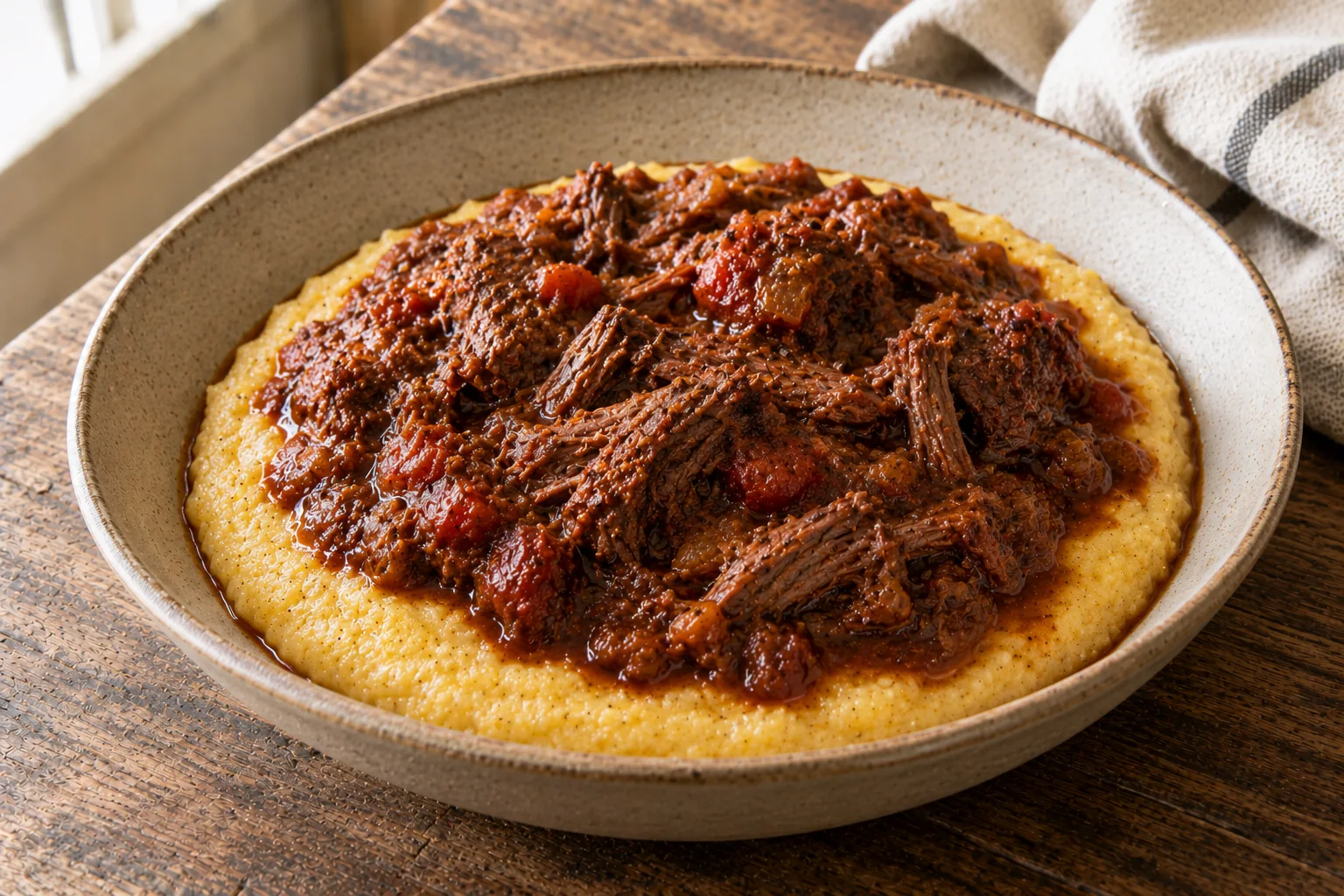 Shredded venison shank ragu over polenta