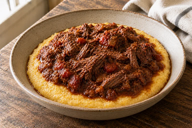 Shredded venison shank ragu over polenta