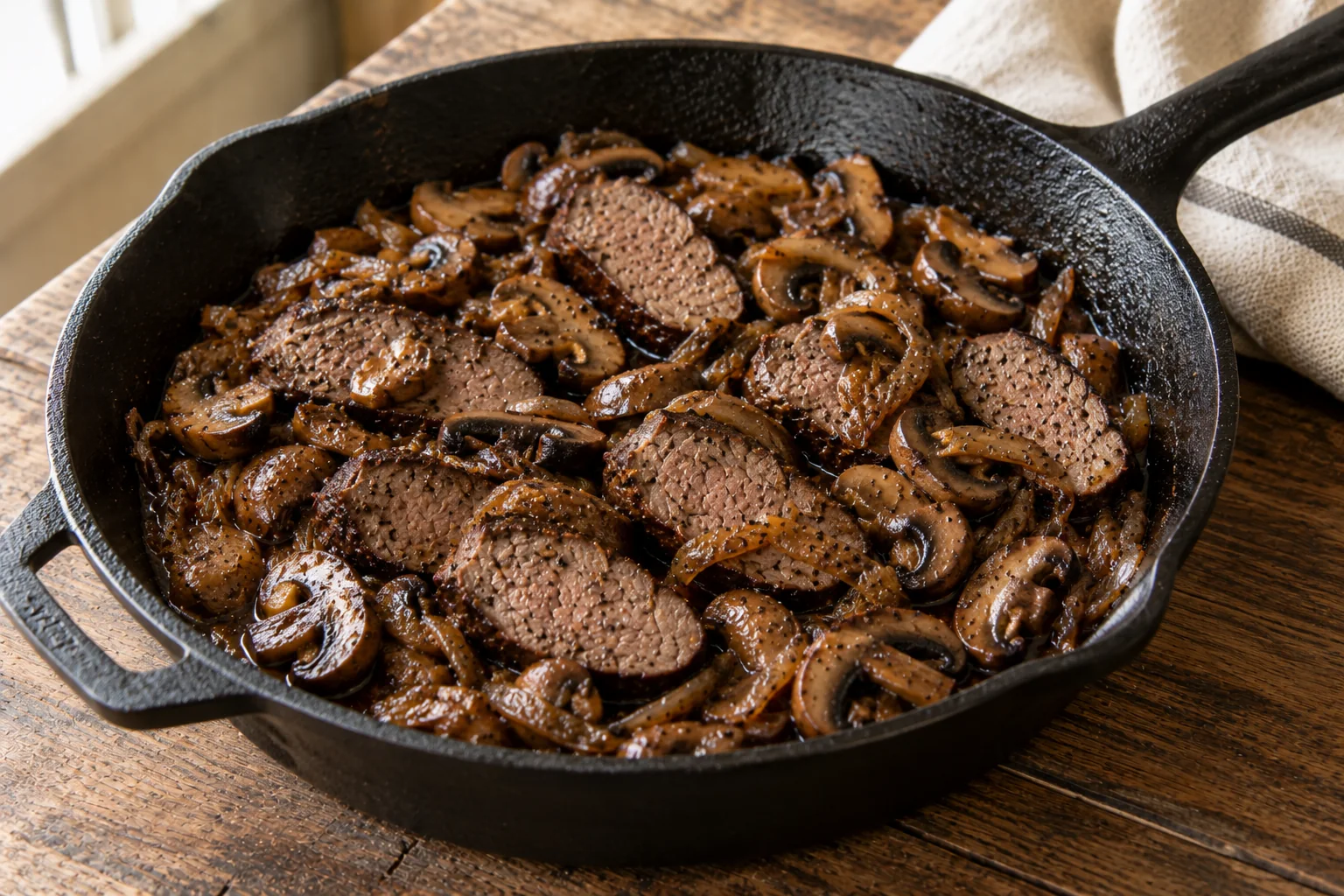 Sliced venison tenderloin with mushrooms and onions in a skillet