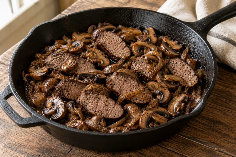 Sliced venison tenderloin with mushrooms and onions in a skillet