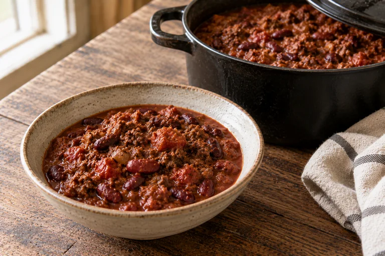 A bowl of venison chili with beans beside a Dutch oven