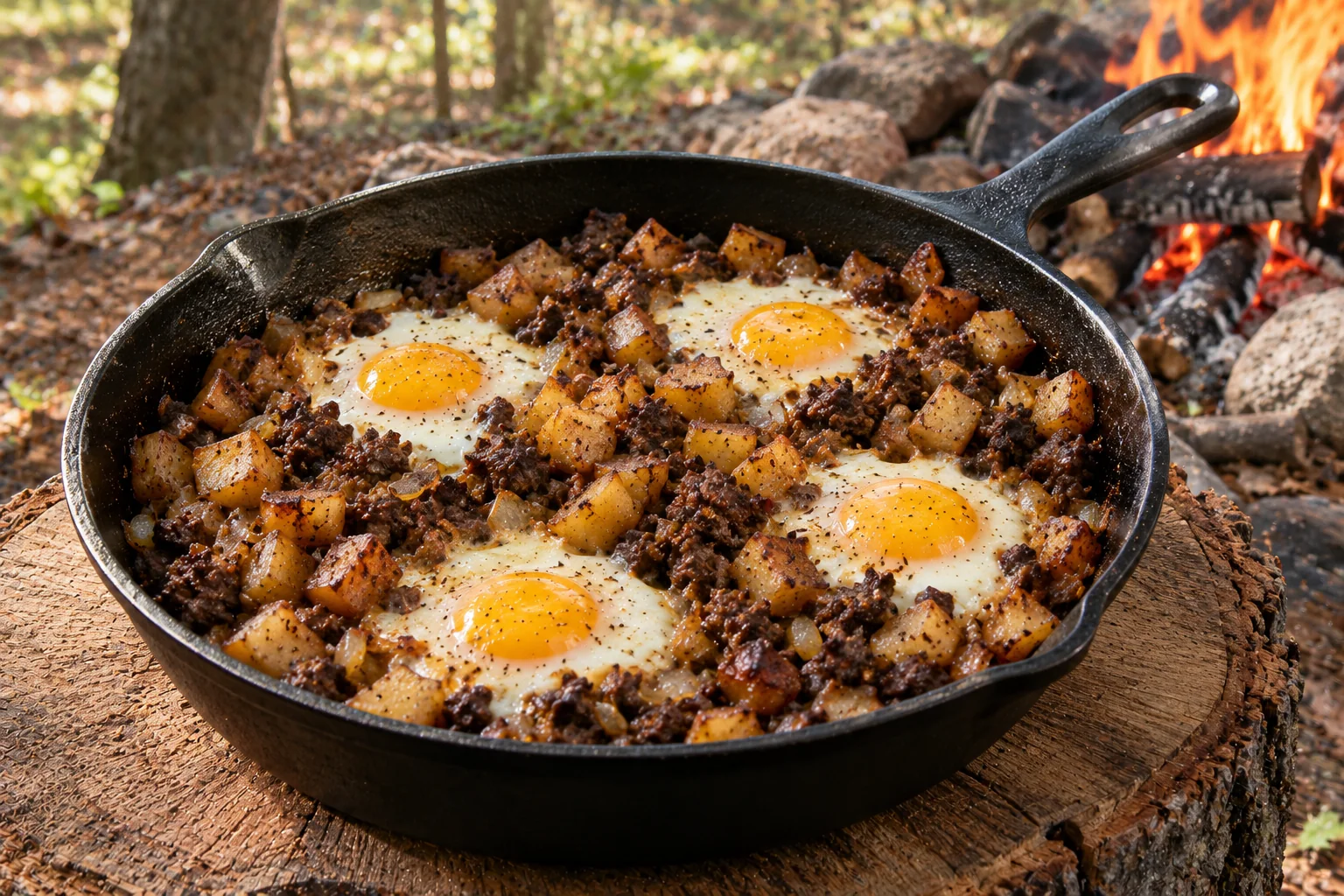 Venison and potato hash with eggs in a skillet by a campfire