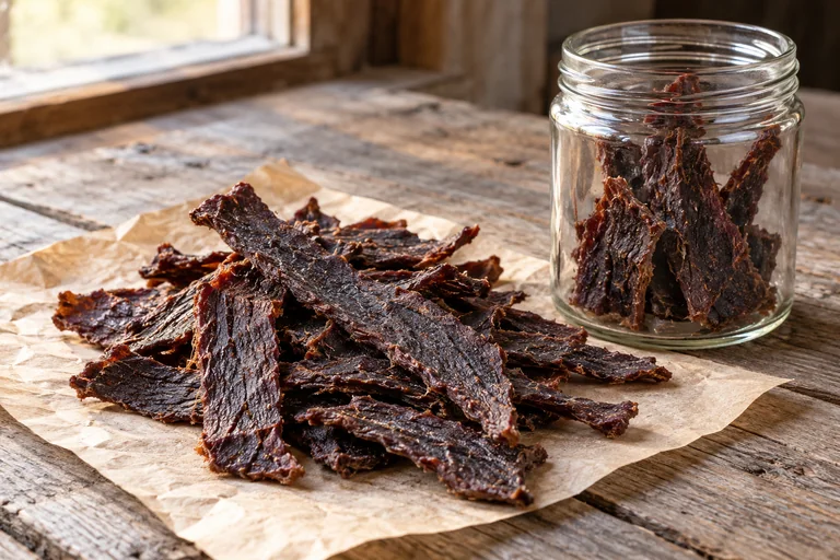 Strips of dark venison jerky on parchment beside a glass jar