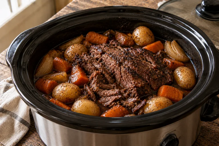 Venison pot roast with potatoes and carrots in a slow cooker