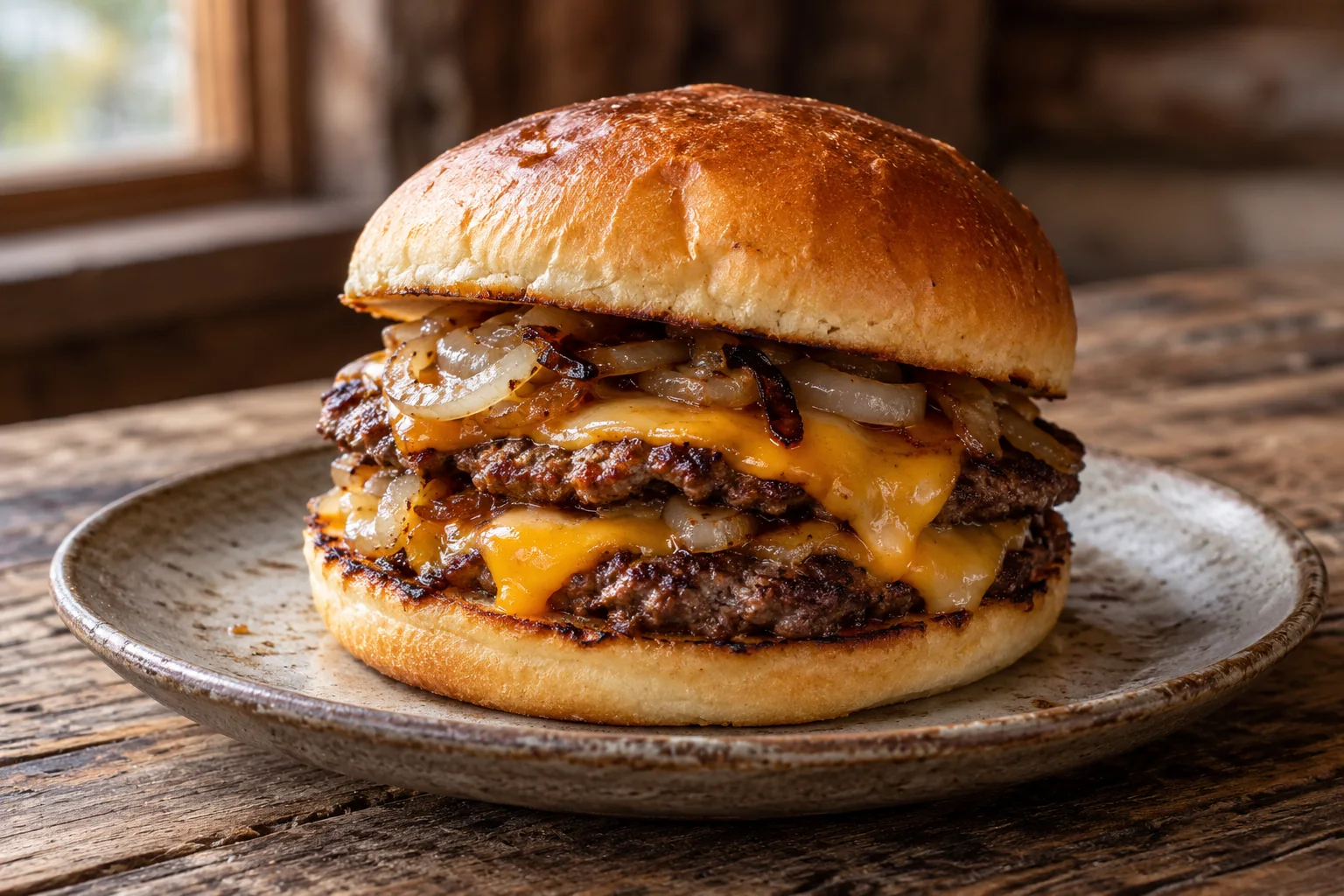 A venison smash burger with two thin patties, melted cheddar and griddled onions